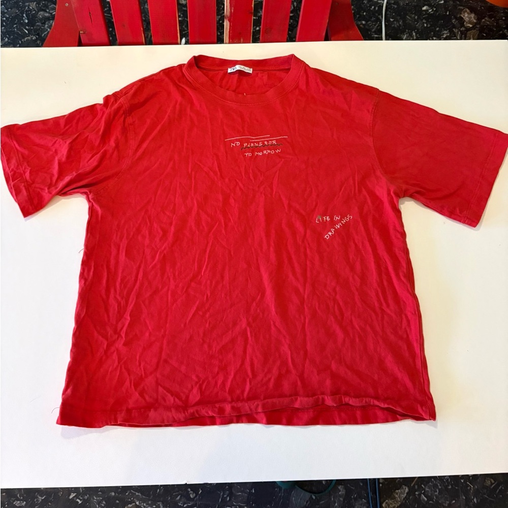 Zara Embroidered Graphic T Shirt Mens Large Red Folk Art Boho Morocco Tee L